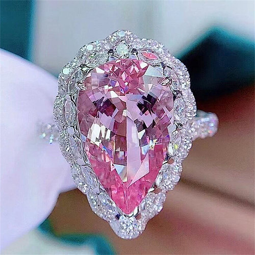 Conjunto feminino de quartzo rosa ajustável com pingente e anel de diamante