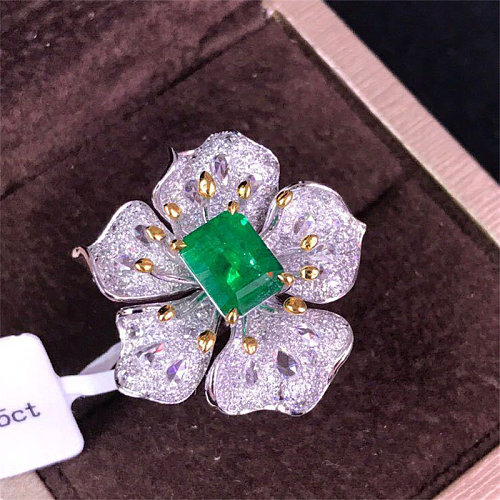 Anel ajustável de flor de diamante esmeralda para mulheres