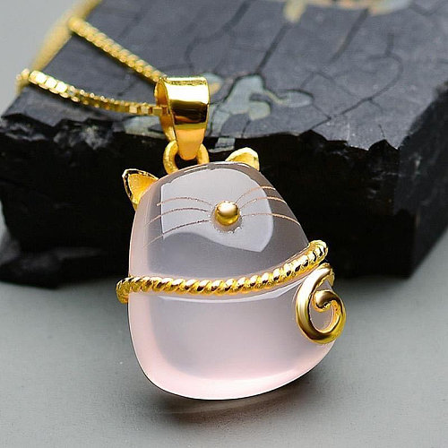 joli collier chat en or 18 carats et quartz rose pour femme