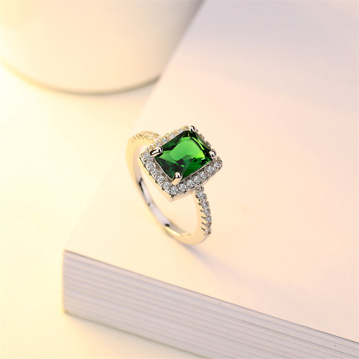 anéis bonitos de diamante quadrado verde banhado a prata para mulheres
