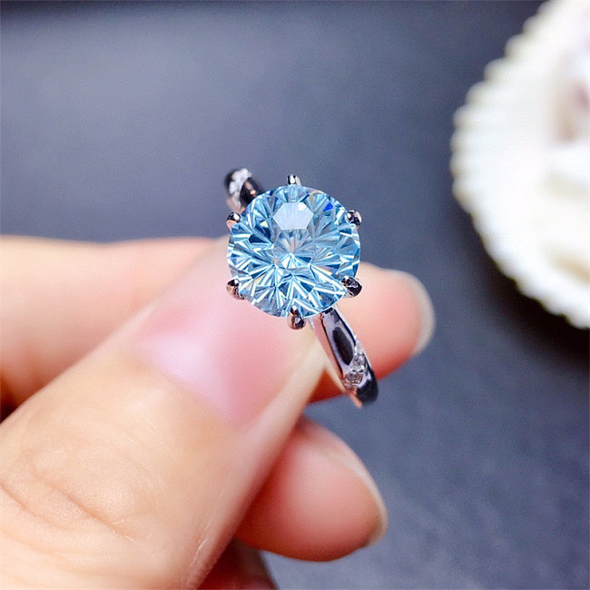 Anéis de noivado de diamante azul céu natural simples para mulheres