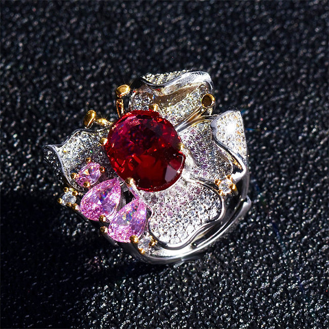 lindo anel de borboleta de diamante vermelho rubi de quartzo rosa para mulheres