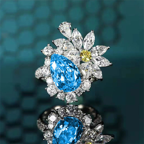 Anel de gota de topázio feminino com flor de diamante