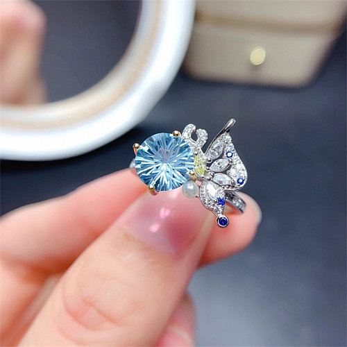lindos anéis de borboleta de diamante de água-marinha naturais para mulheres