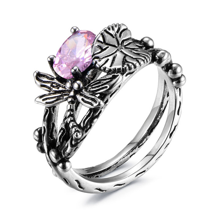 antique silver plated dragonfly lotus flower rings for women