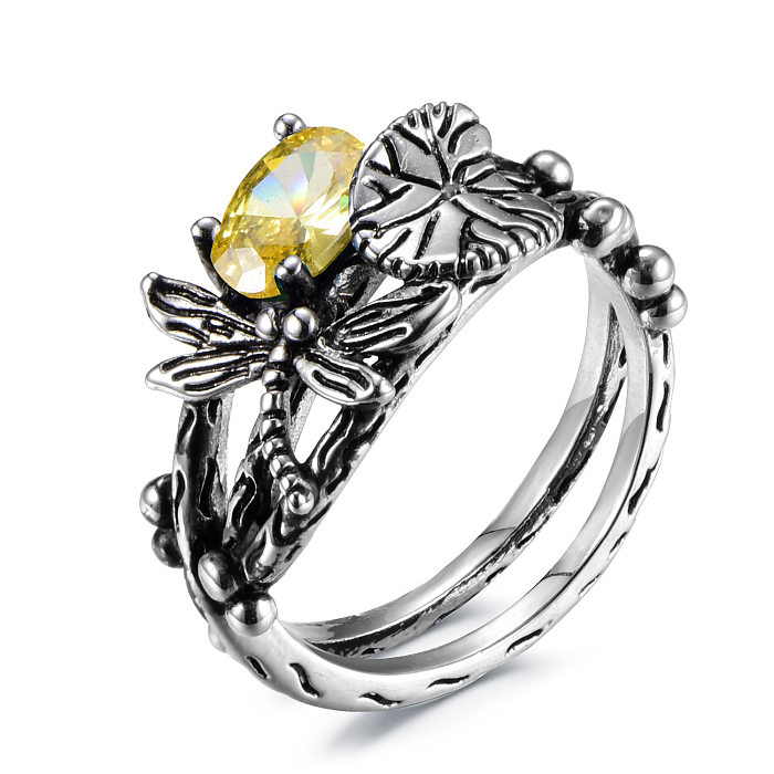 Anéis de flor de lótus de libélula banhados a prata antigos para mulheres