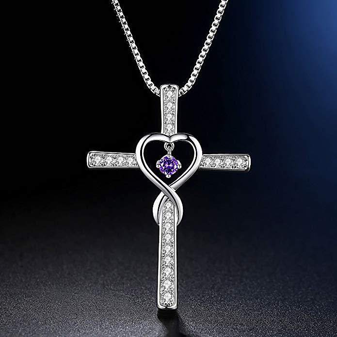 Lindos colares de cruz banhados a prata de coração de pedra do zodíaco para mulheres