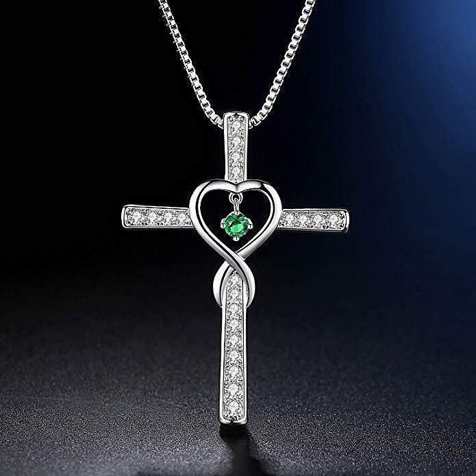Lindos colares de cruz banhados a prata de coração de pedra do zodíaco para mulheres
