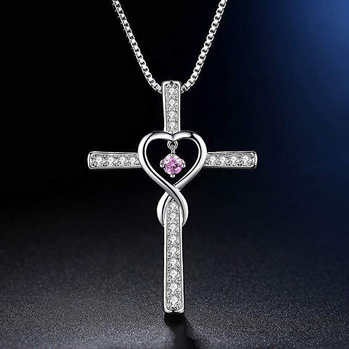 cute zodiac stone heart silver plated cross necklaces for women