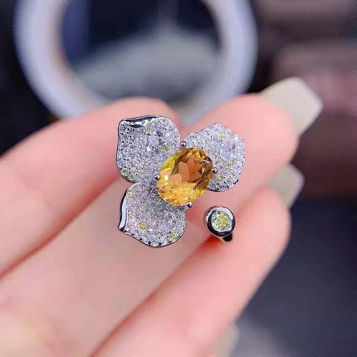 Women's Citrine Diamond Flower Adjustable Rings