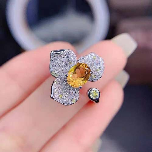 Anéis ajustáveis ​​de flor de diamante citrino feminino