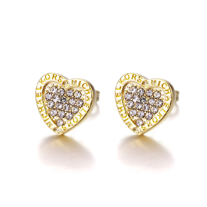 Brincos de coração de diamante de ouro rosa 18k para mulheres