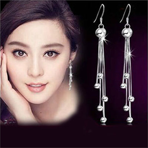 long silver plated stud earrings with fashion balls for women