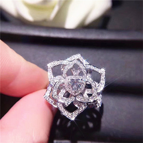 cute white gold flower rings with diamonds for women