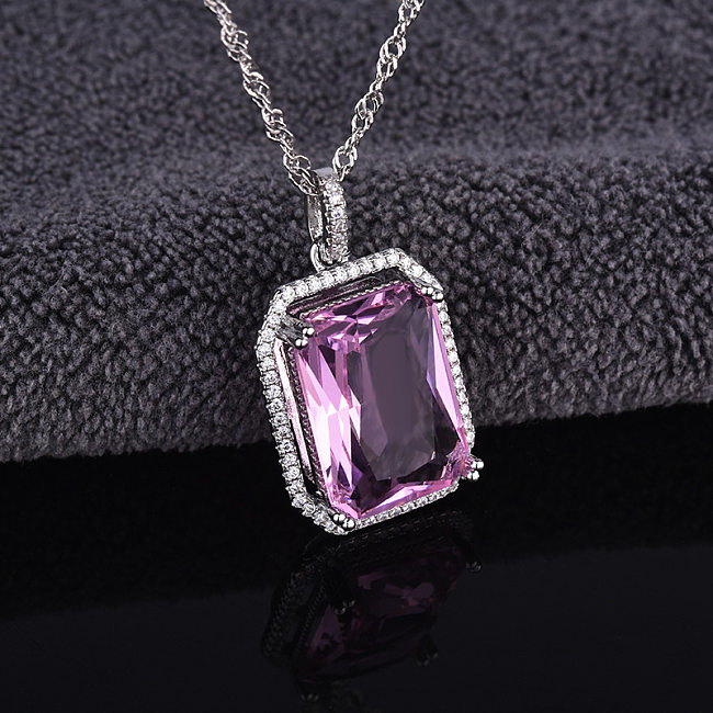 colar de quartzo rosa quadrado natural com diamantes para mulheres