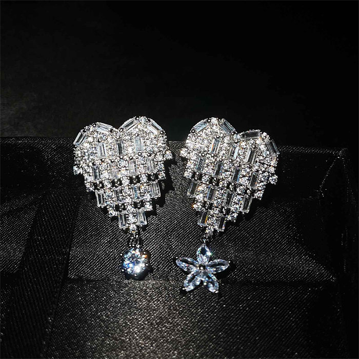 lindos aretes de corazón de cristal de diamante para mujer