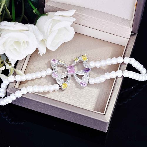 lindos colares de pérolas bowknot de diamante de quartzo rosa para mulheres