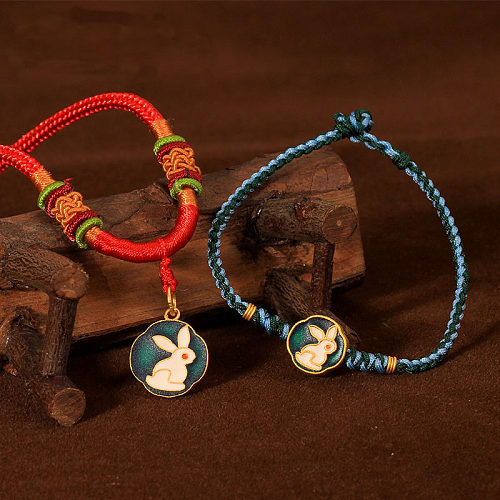 Conjunto de pingente e pulseira de corda de coelho à moda antiga simples para meninas