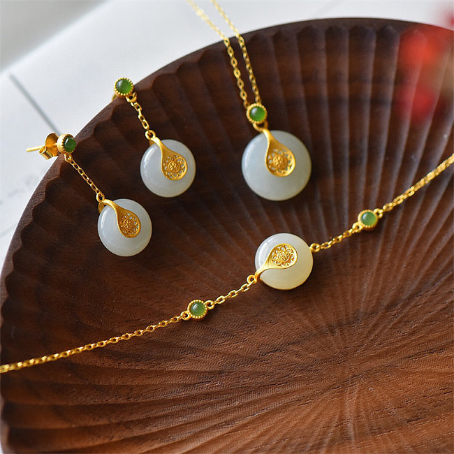Antikes Jade-Goldarmband-Halsketten-Ohrring-Set für Frauen