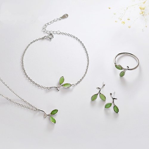 simple emerald leaf silver plated necklace bracelet earrings and ring for women