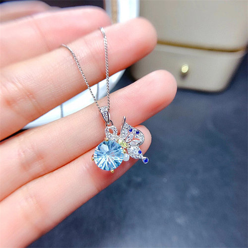 lindos colares de borboleta de diamante de água-marinha naturais para mulheres