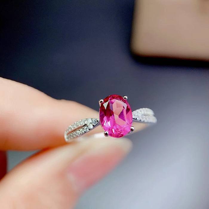 خاتم قابل للتعديل من التورمالين الوردي الطبيعي ولندن الأزرق توباز للنساء