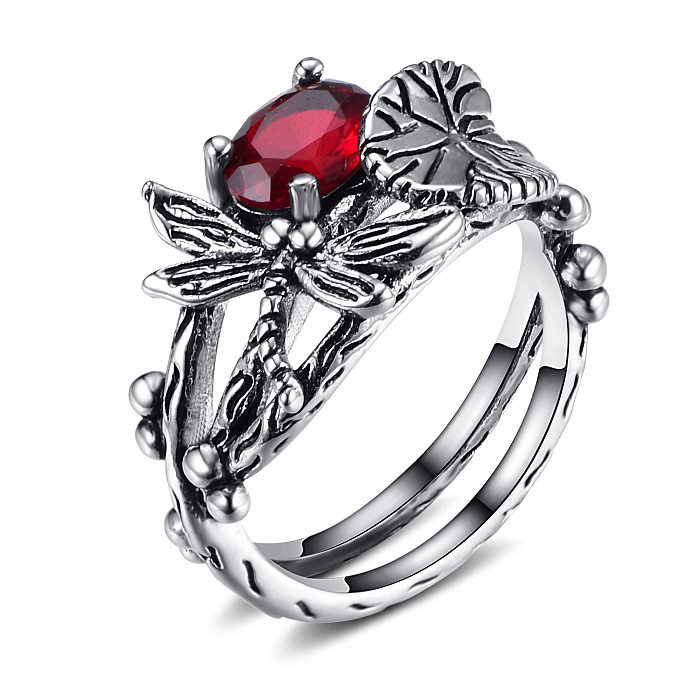 Anéis de flor de lótus de libélula banhados a prata antigos para mulheres