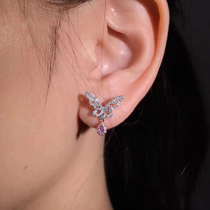 Fashion Pink Diamond 18k Gold Butterfly Cute Stud Earrings for Women