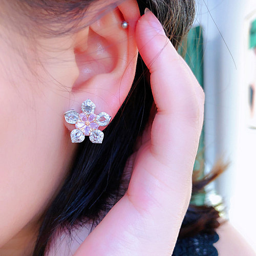 lindos brincos de flores de diamante de quartzo rosa para mulheres