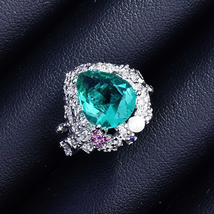 lindos anillos de diamantes con gota de aguamarina para mujer
