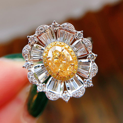 grandes anillos de flores de cristal de diamante amarillo para mujer