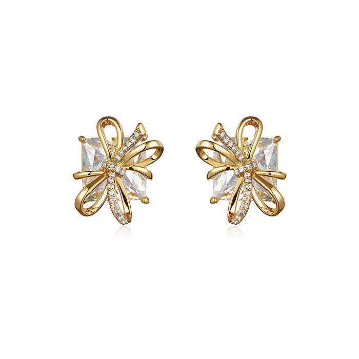 cute diamond silver plated bow shaped earrings for women