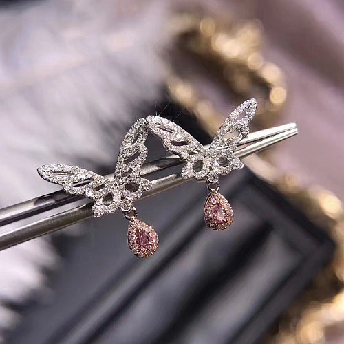 Brincos femininos fofos de borboleta de ouro 18k com diamante rosa fashion