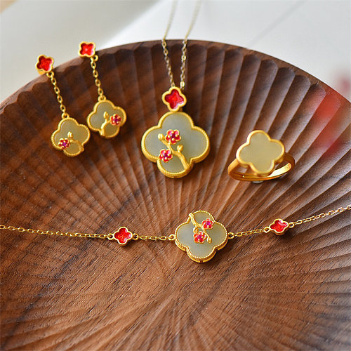 Women's Jade Four Leaf Clover Necklace Ring Bracelet Earrings Set