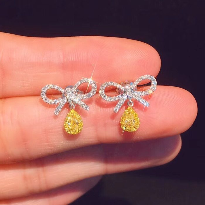 Cute Rose Quartz Diamond Bow Stud Earrings for Women