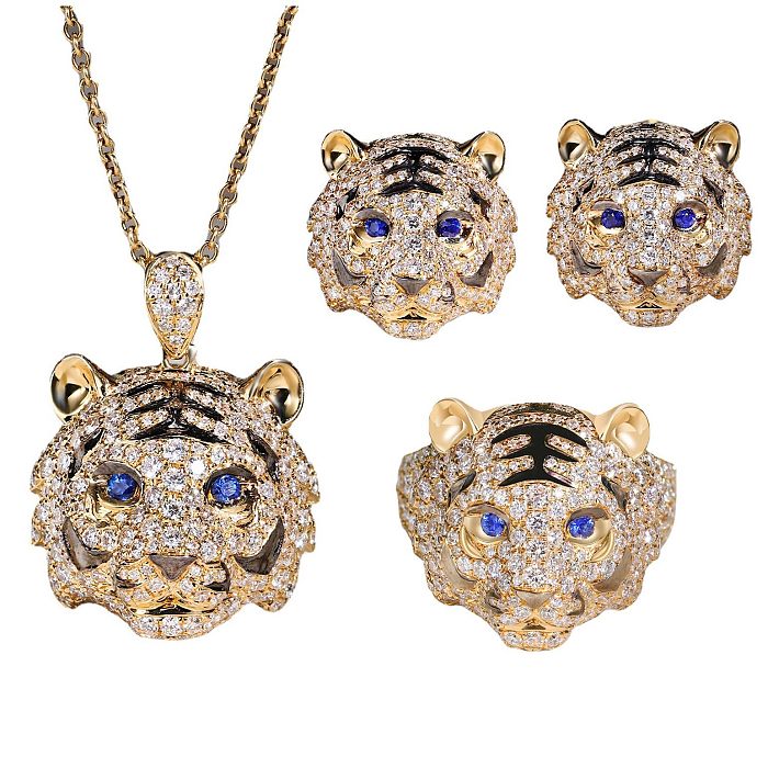 conjunto de collar, anillo y aretes de zafiro tigre y diamantes