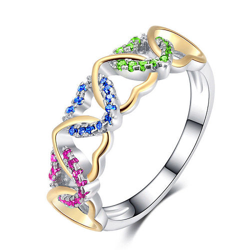 anéis de coração banhados a ouro com zircônias coloridas para mulheres