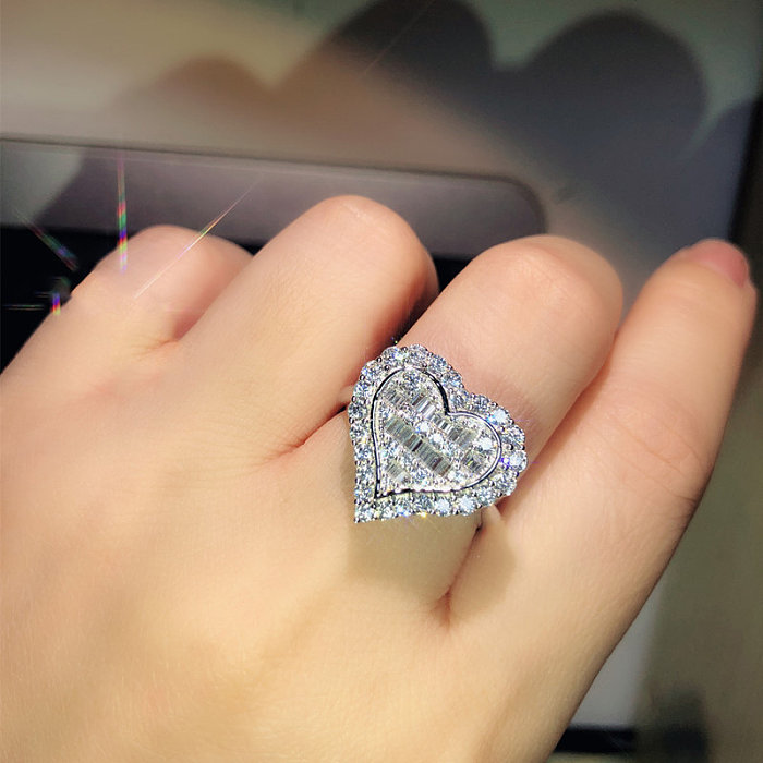 lindos anéis de coração banhados a prata com diamantes para mulheres