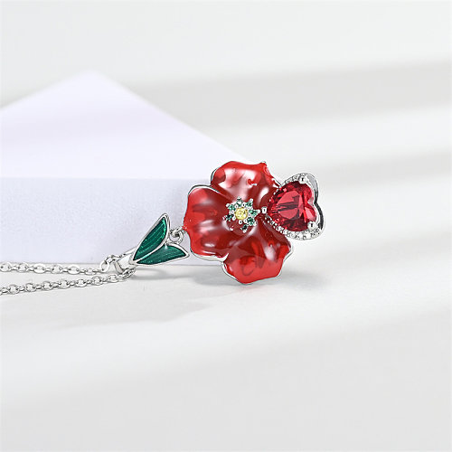lindos colares de flores vermelhas com coração de rubi para mulheres