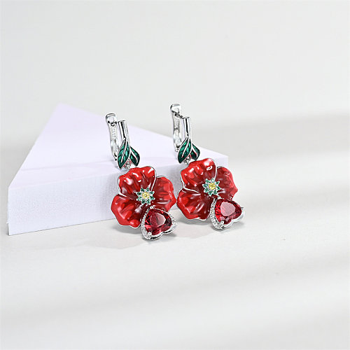 pretty red flower earrings with ruby heart for women