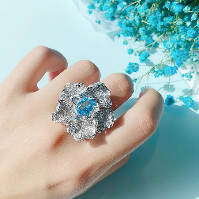 lindos anéis de água-marinha com luxos de diamantes para mulheres