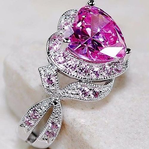 anneaux de coeur de quartz rose de diamant de mode pour les femmes