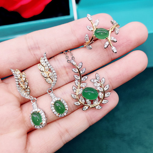 brincos de colar de esmeralda natural e conjunto de anéis para mulheres