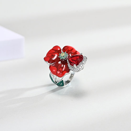 lindos anéis de flores vermelhas com coração de rubi para mulheres