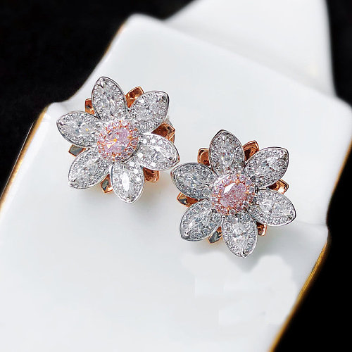 lindos brincos de flor de lótus de diamante rosa para mulheres