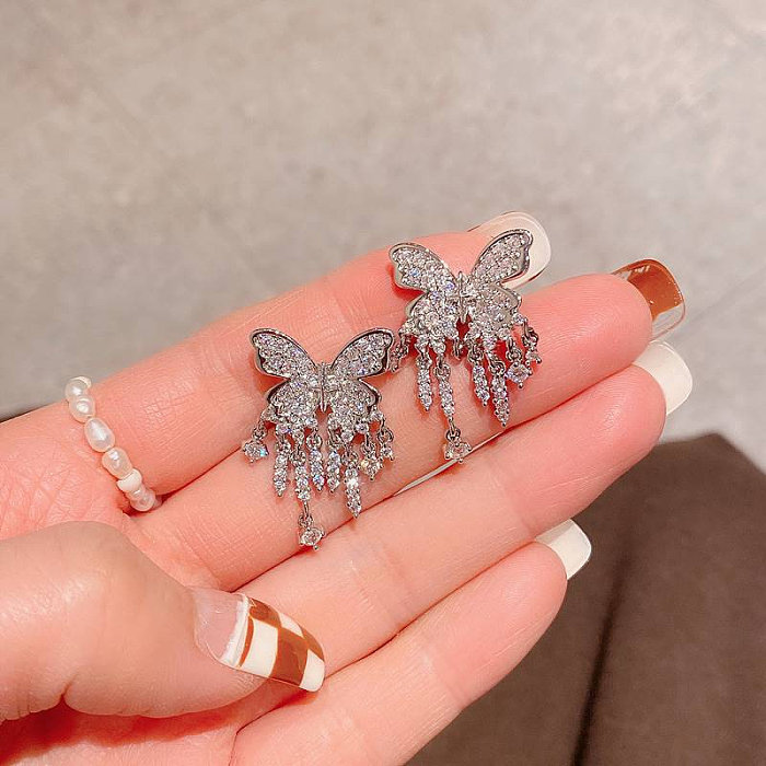 cute silver plated diamond butterfly earrings for women