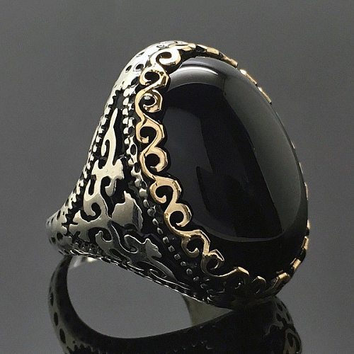 anillos de turmalina negra chapados en plata antigua para mujer