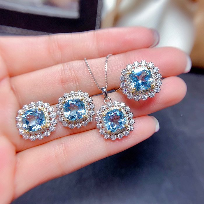 Conjunto de joias femininas topázio azul celeste natural