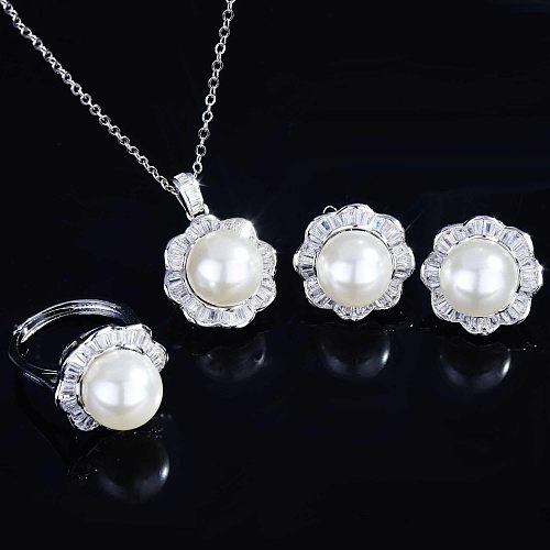 Women's Simple Pearl Necklace & Ring Earrings Set