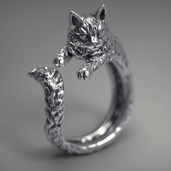 adjustable black cat silver antique rings for women
